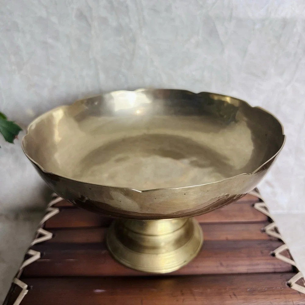 Solid Brass Pedestal Bowl Compote – Wide Shallow Dish on Turned Base 7.5